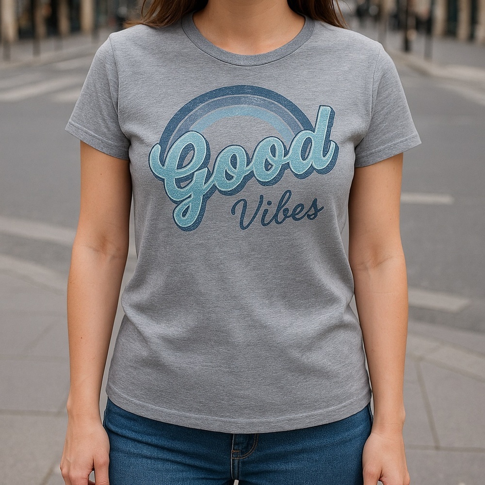 Chaser‎ Graphic Tee “Good Vibes” Gray Blue Rainbow Print Size S